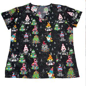 Black Gnome Puppy Dog Christmas Tree Winter Holiday Scrub Top Shirt Medium READ